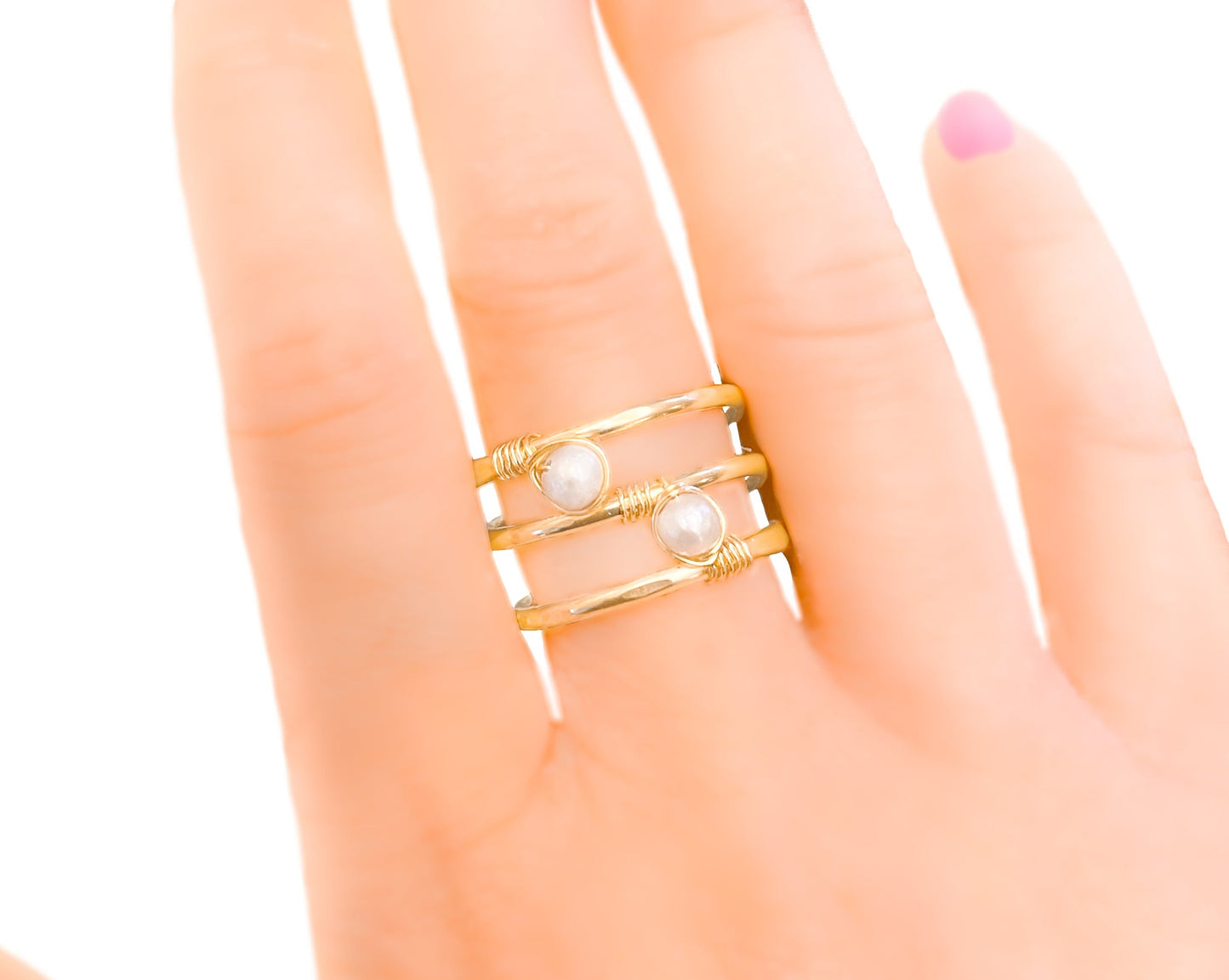 Gold Spiral Double Pearl Ring