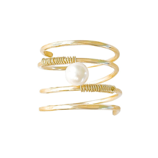 Gold Wire Spiral Ring with Freshwater Pearl