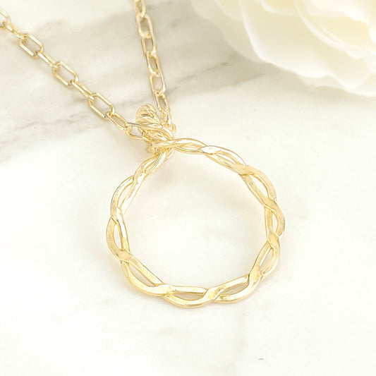 Gold Long Twisted Circle Pendant Necklace