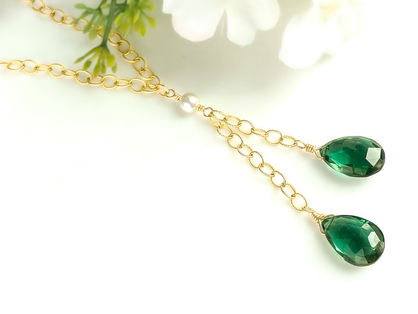 Green Quartz Briolette Lariat Necklace