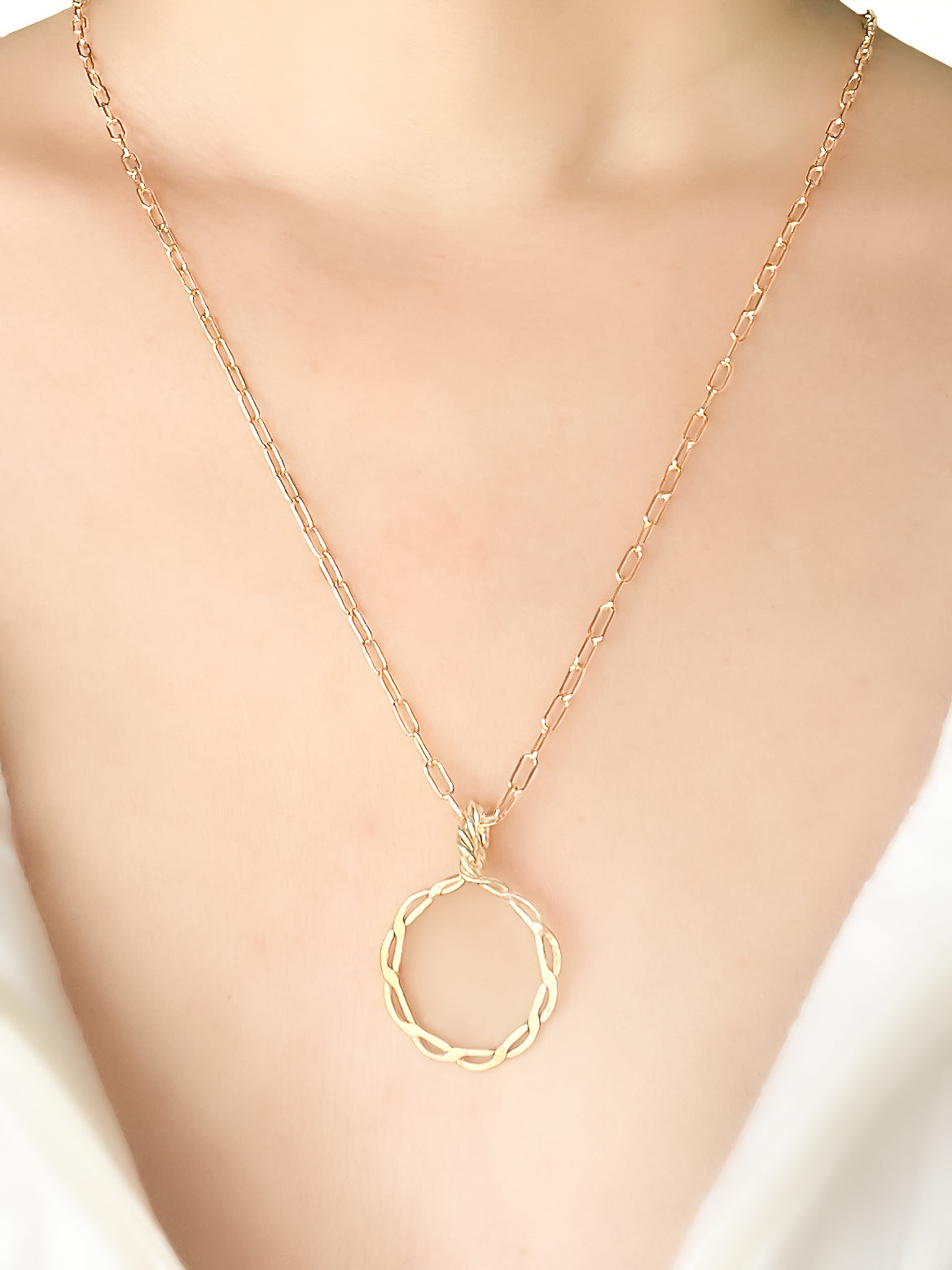 Gold Long Twisted Circle Pendant Necklace