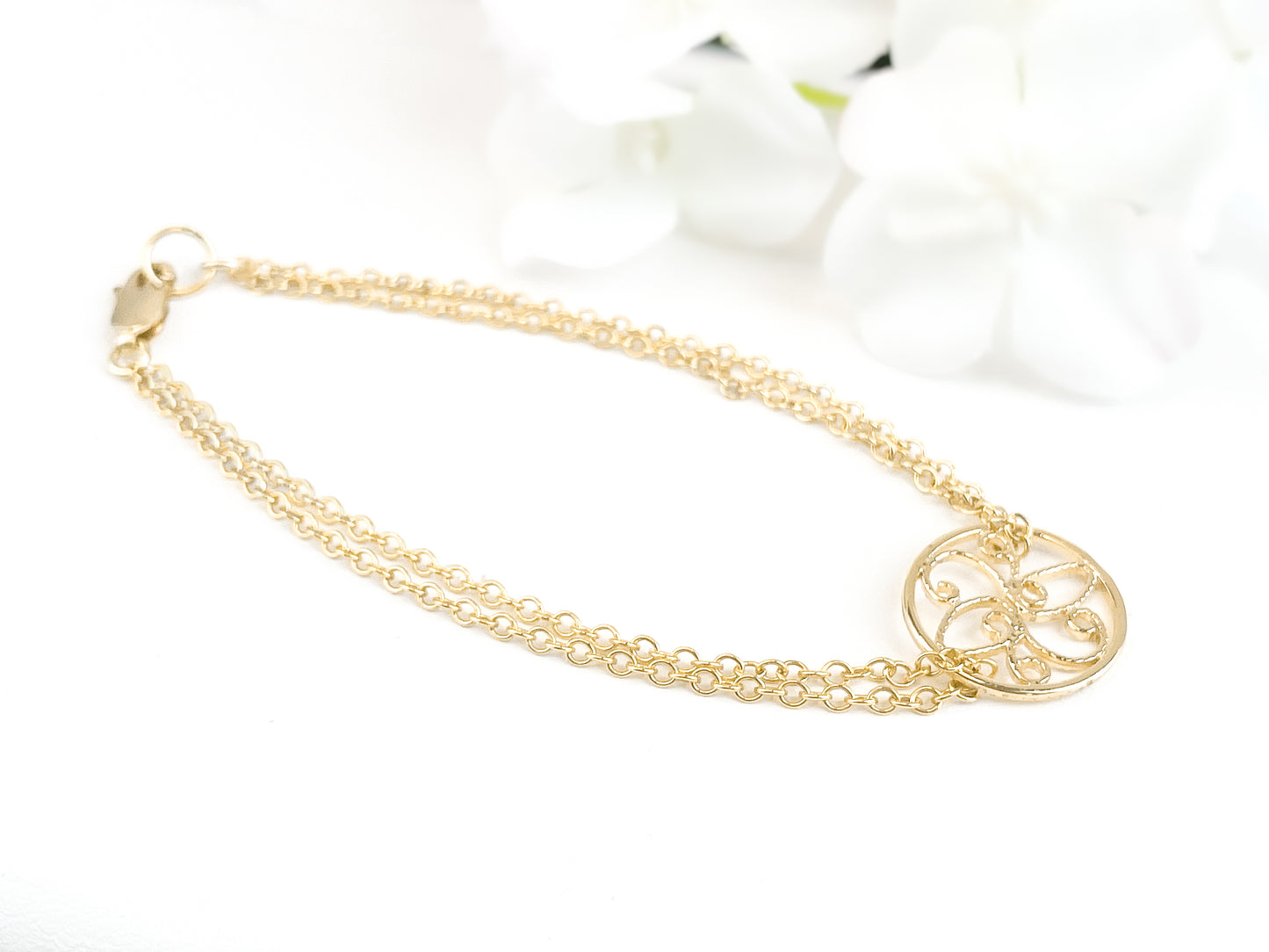 Gold Double Stranded Round Filigree Bracelet