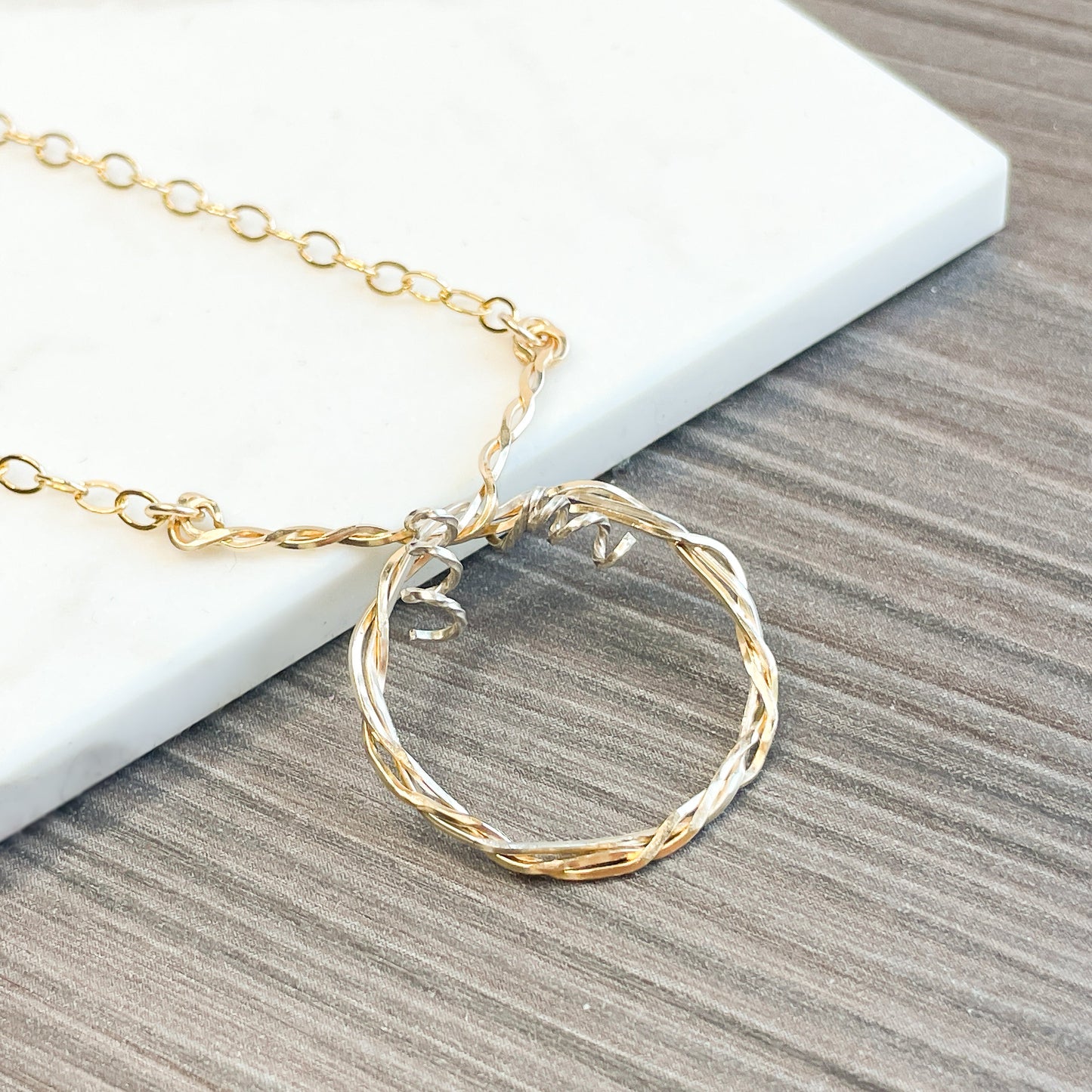 Gold and Silver Circle Twisted Pendant Necklace