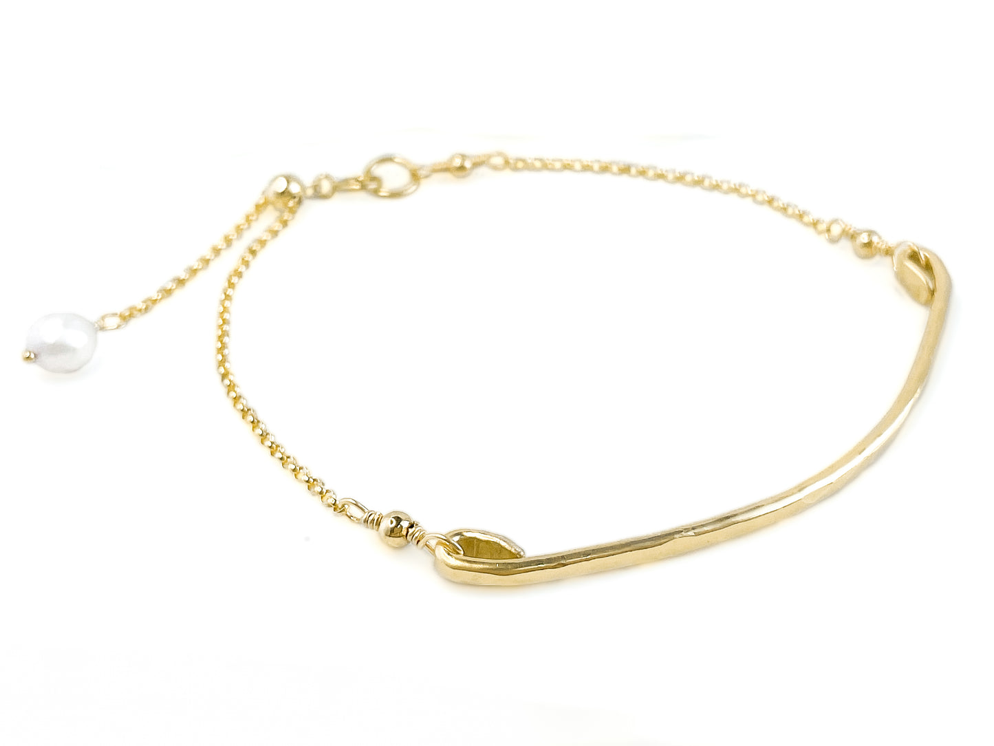 Gold Curved Bar Adjustable Bracelet with Pearl Charm