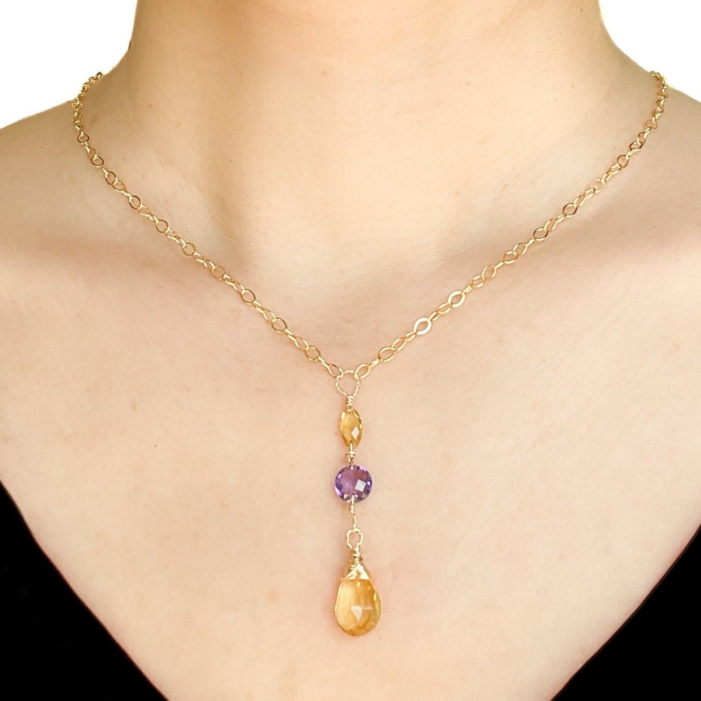 Citrine and Purple Amethyst Dangle Necklace