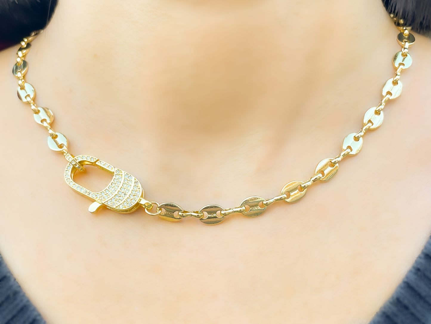 Gold Marine Link Necklace with CZ Lobster Claw Clasp