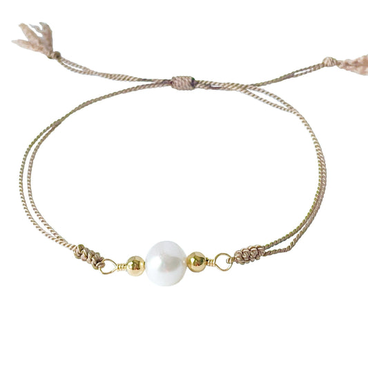 Freshwater Pearl Beige Silk Cord Adjustable Bracelet