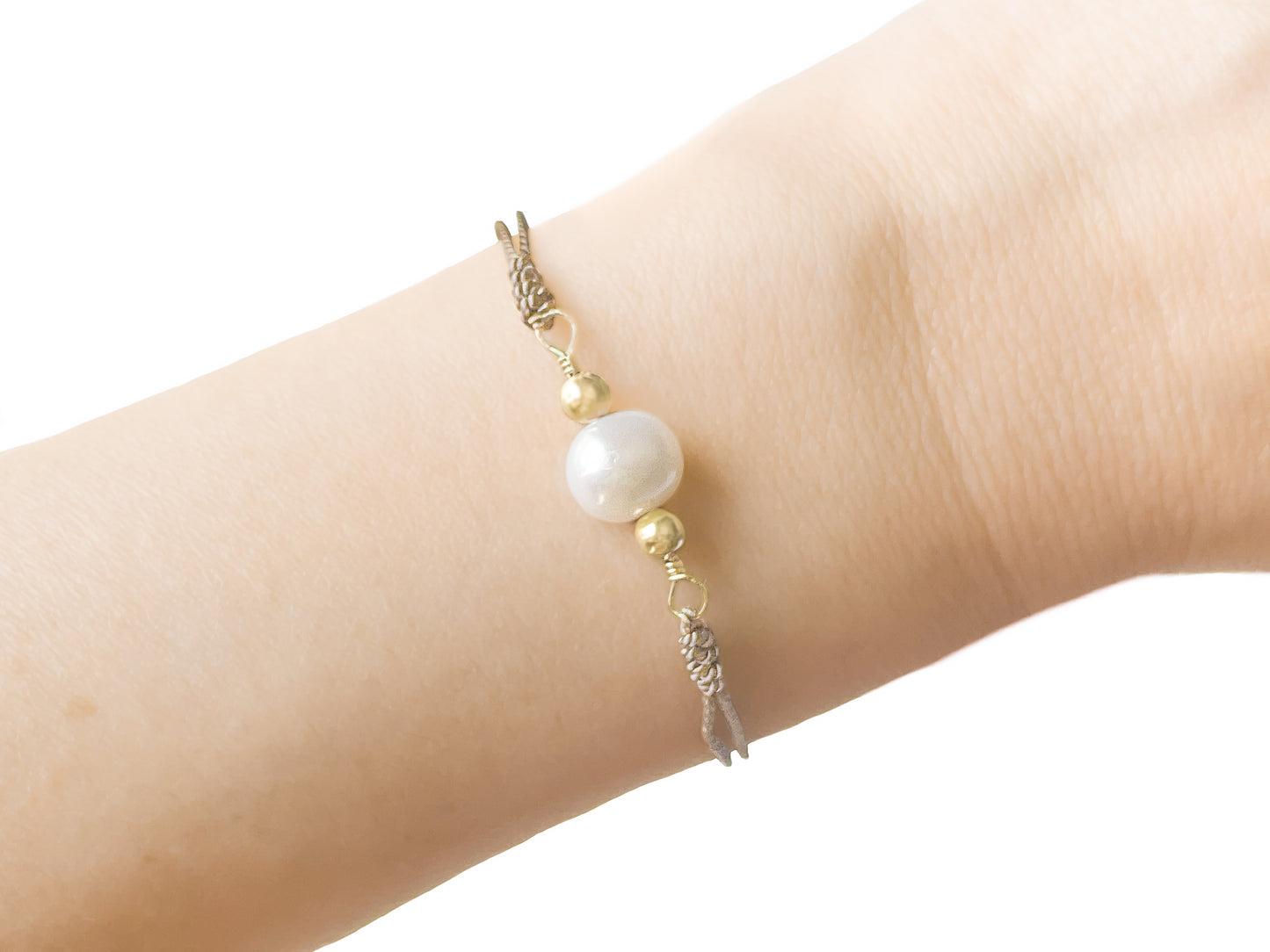 Freshwater Pearl Beige Silk Cord Adjustable Bracelet