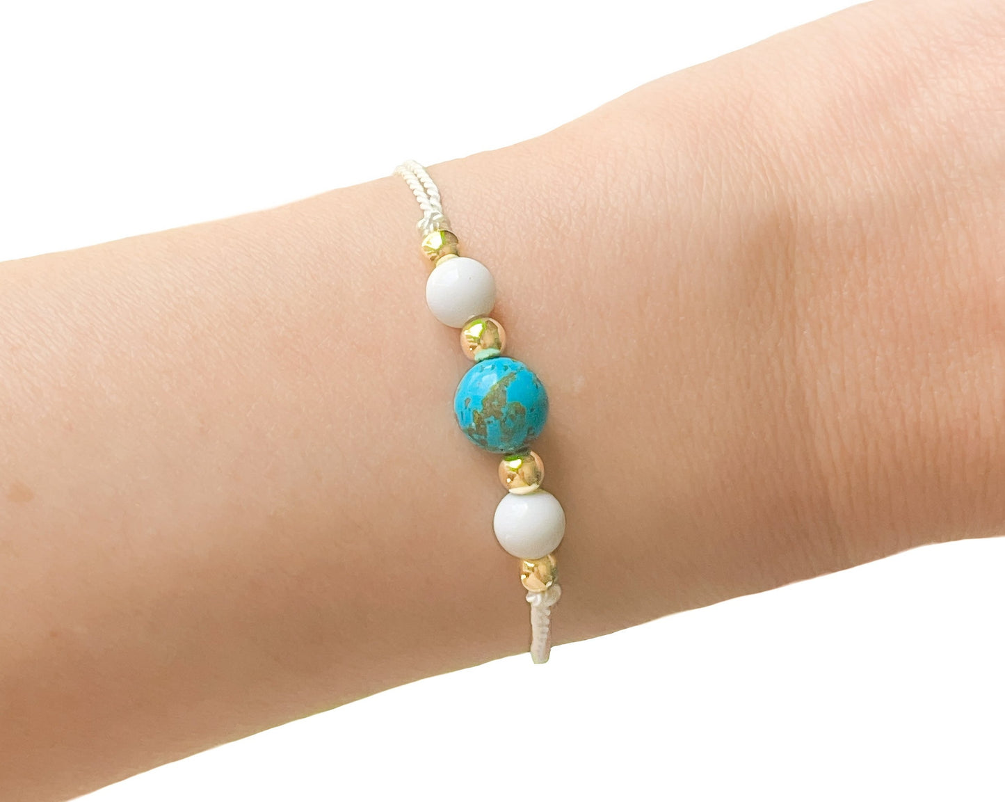 Turquoise, White Agate, and Gold Silk Cord Adjustable Bracelet