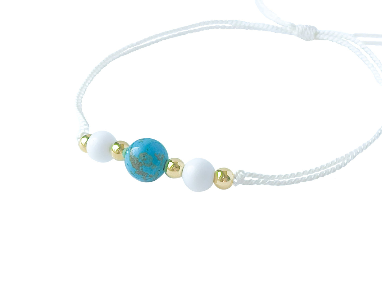 Turquoise, White Agate, and Gold Silk Cord Adjustable Bracelet