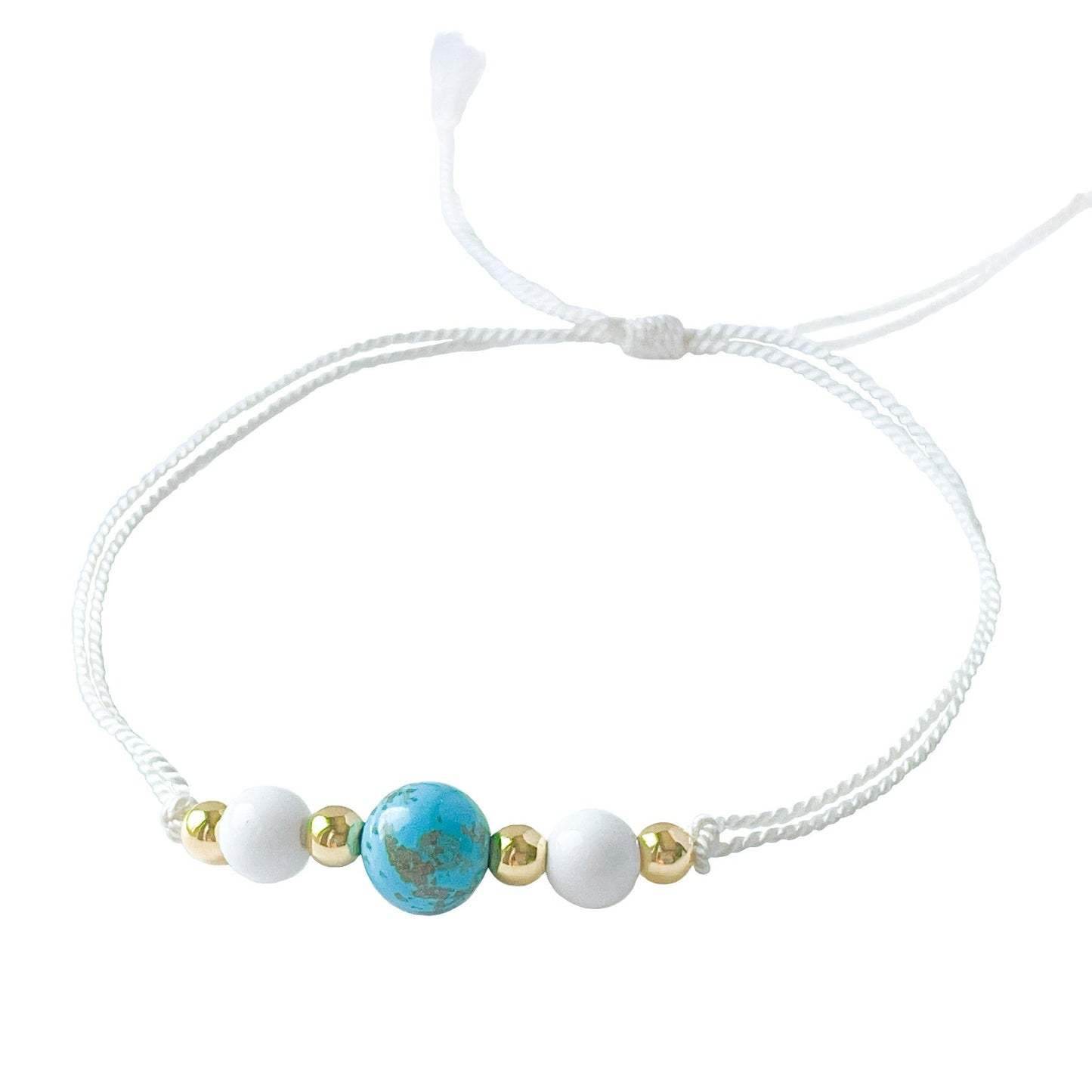 Turquoise, White Agate, and Gold Silk Cord Adjustable Bracelet