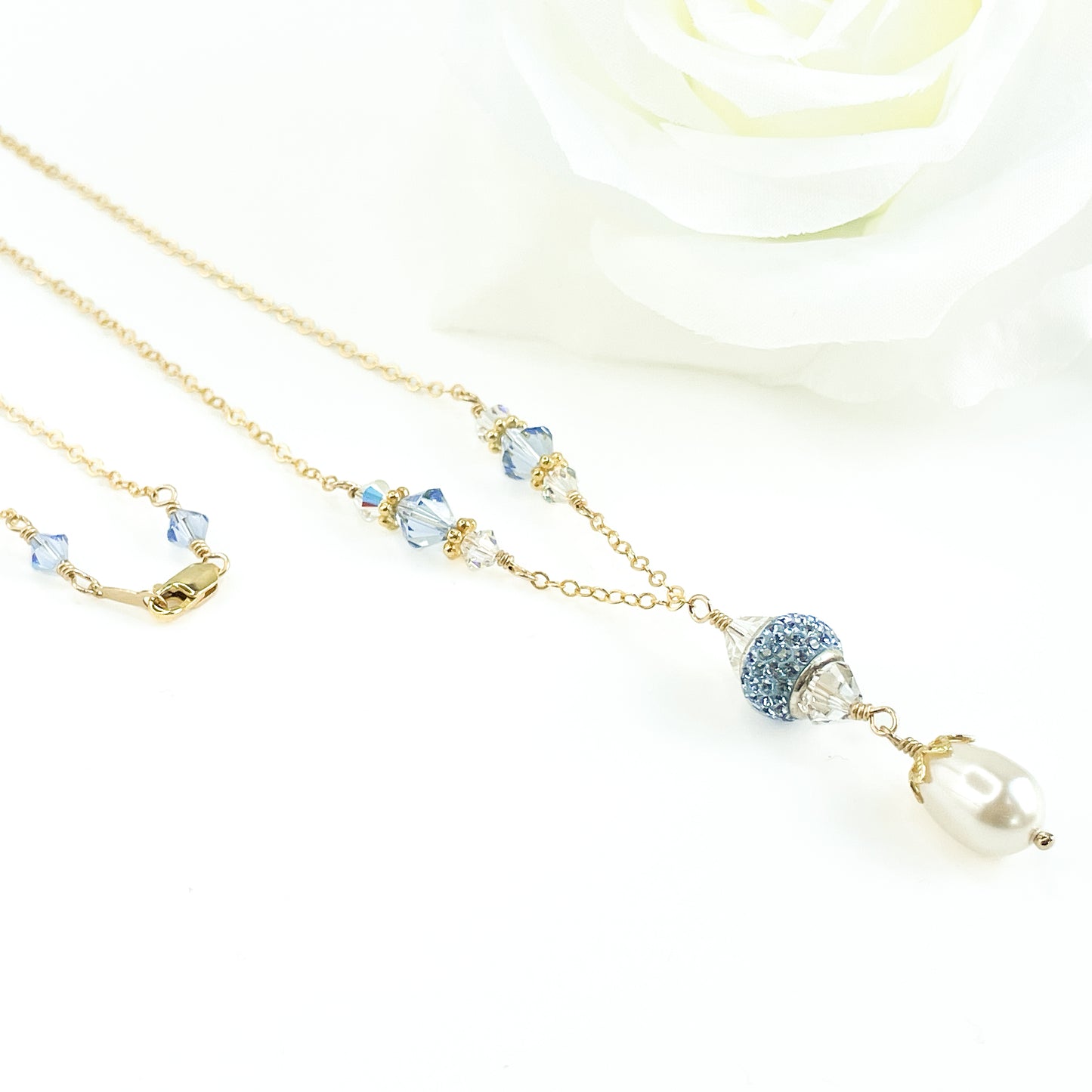 Swarovski Blue Crystal and Pearl Dangle Necklace