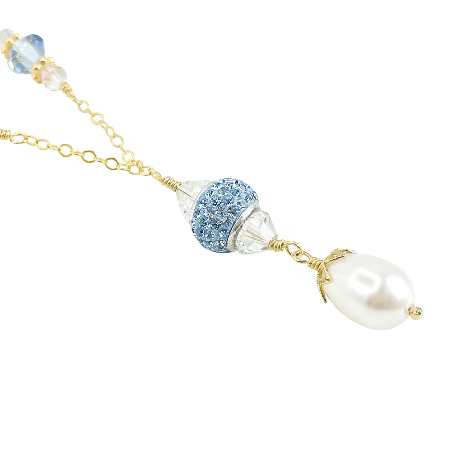 Swarovski Blue Crystal and Pearl Dangle Necklace