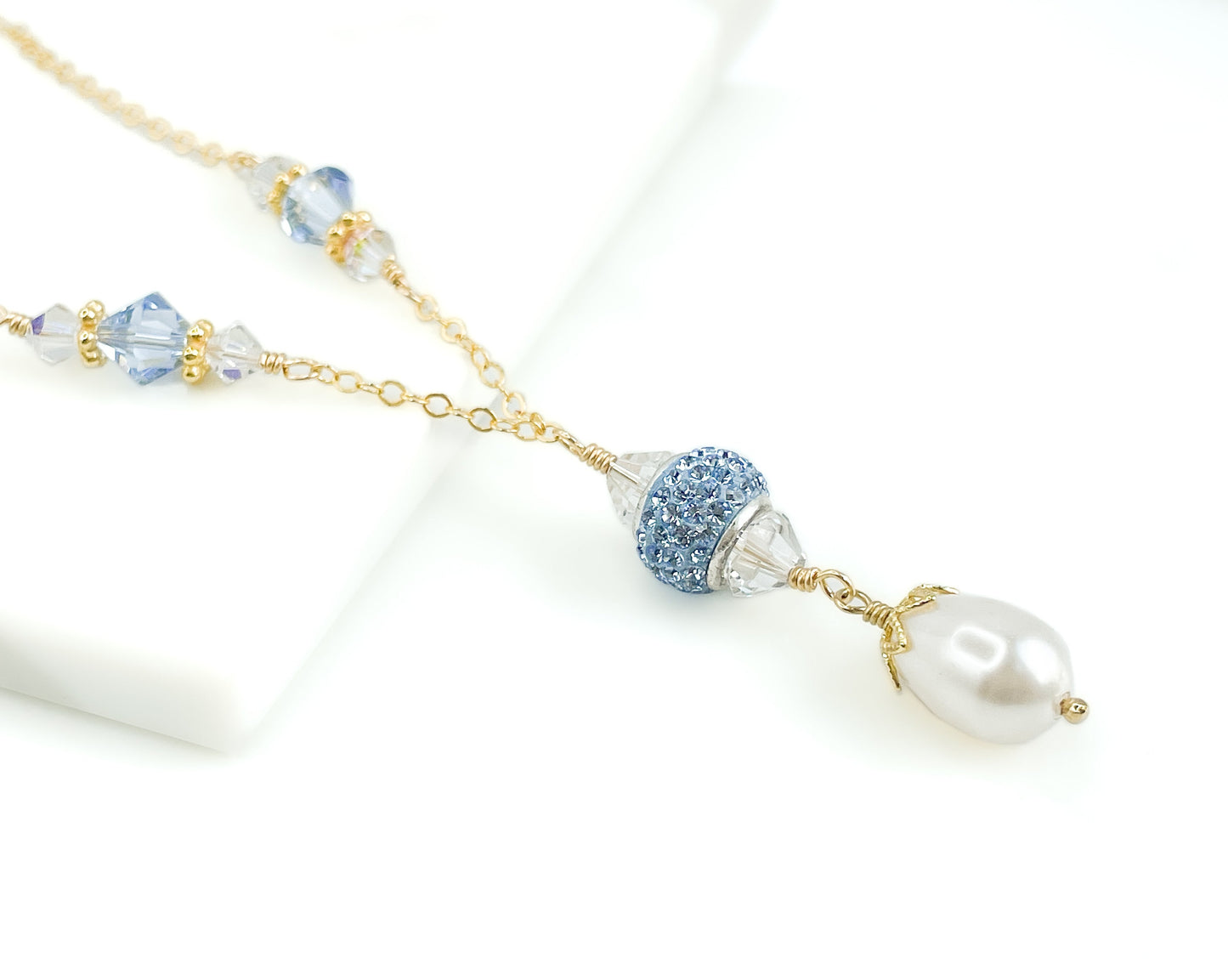 Swarovski Blue Crystal and Pearl Dangle Necklace