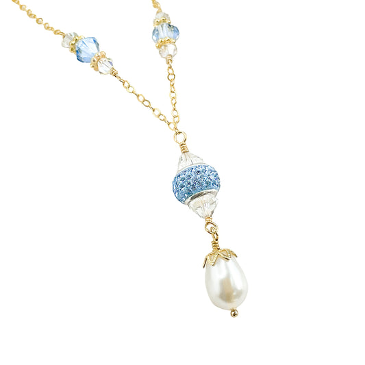 Swarovski Blue Crystal and Pearl Dangle Necklace