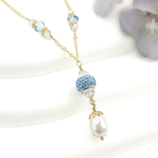 Swarovski Blue Crystal and Pearl Dangle Necklace