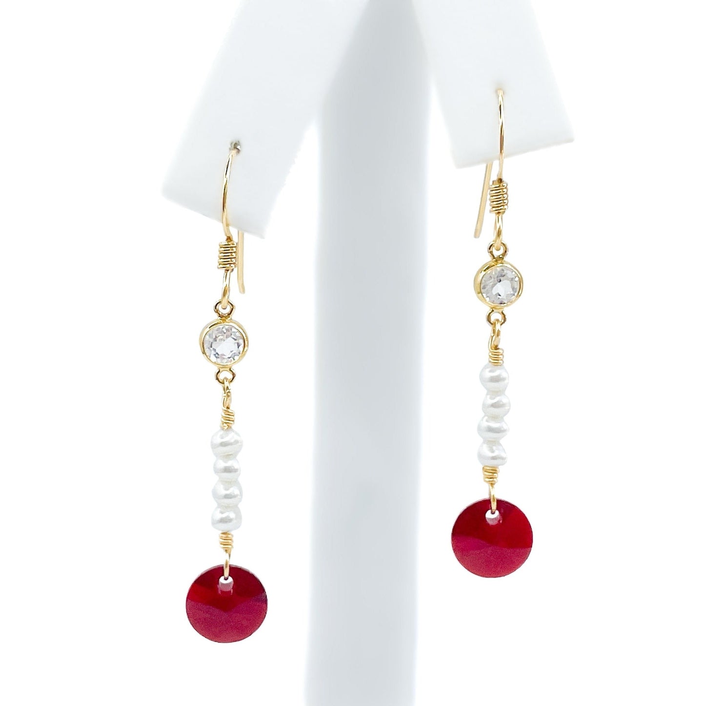 Swarovski Red Crystal and White Pearl Dangle Earrings