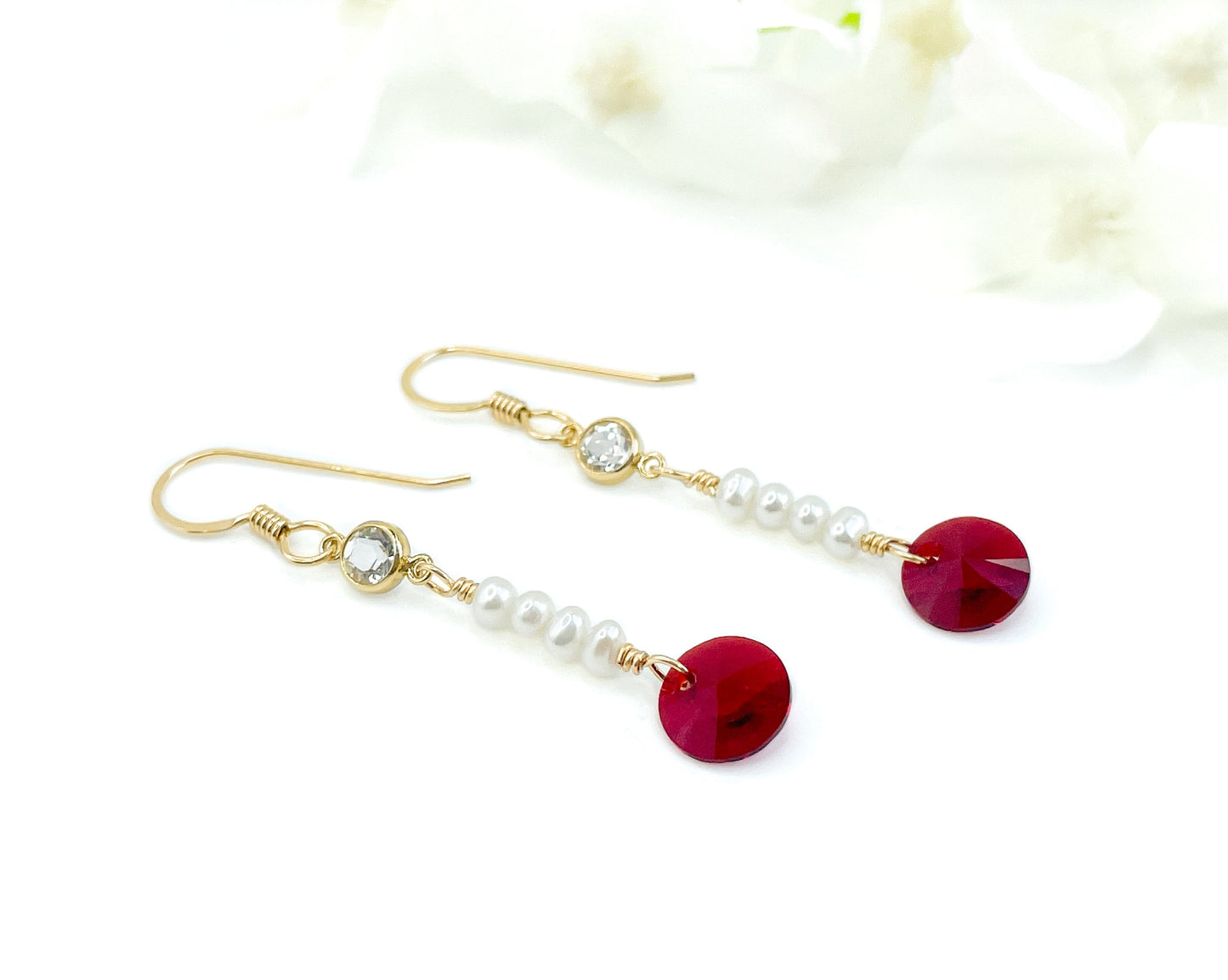 Swarovski Red Crystal and White Pearl Dangle Earrings