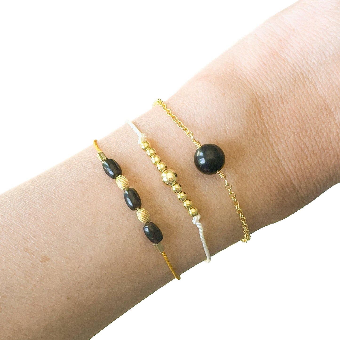 Set of 3 - Black Onyx and Gold Bracelets