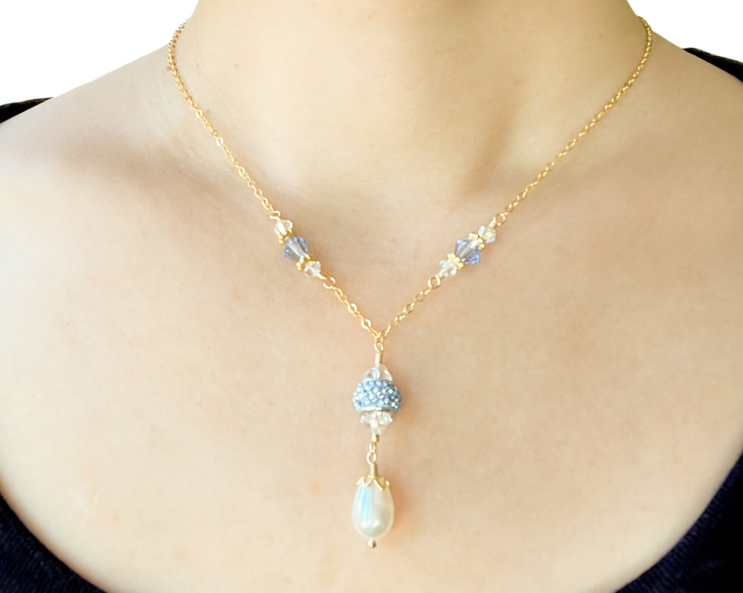 Swarovski Blue Crystal and Pearl Dangle Necklace