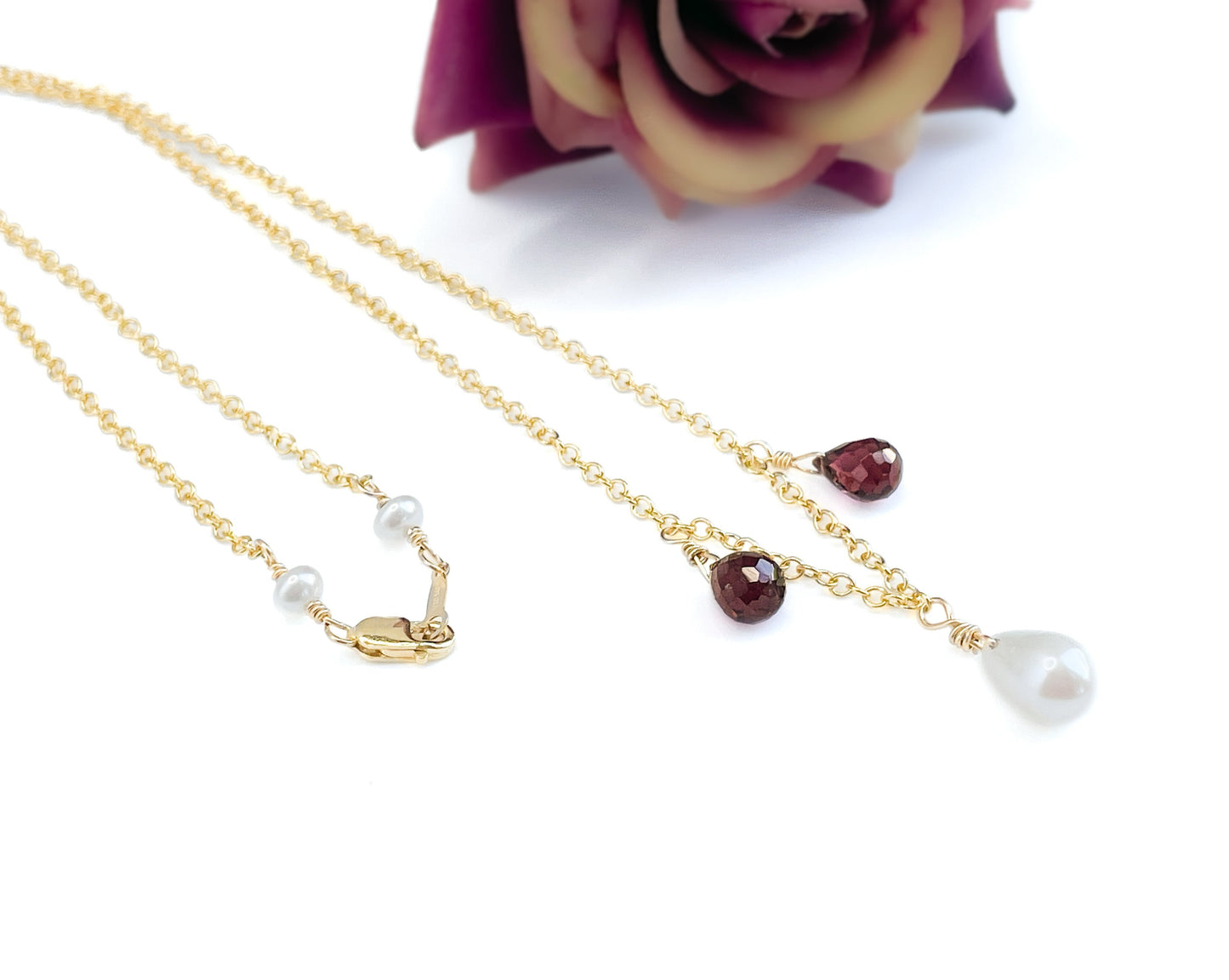 Garnet and Pearl Drop Necklace