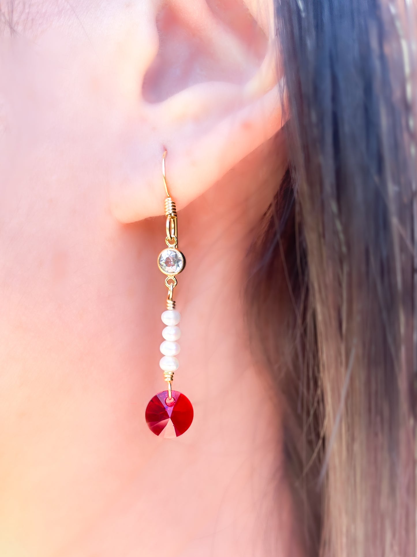 Swarovski Red Crystal and White Pearl Dangle Earrings