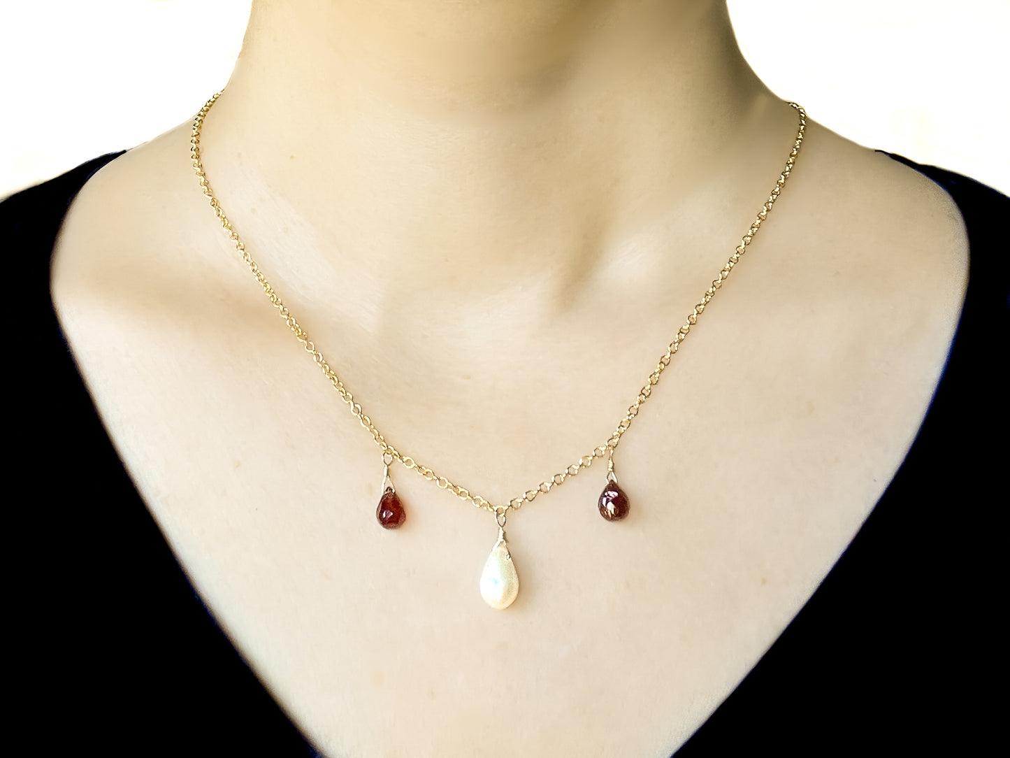 Garnet and Pearl Drop Necklace