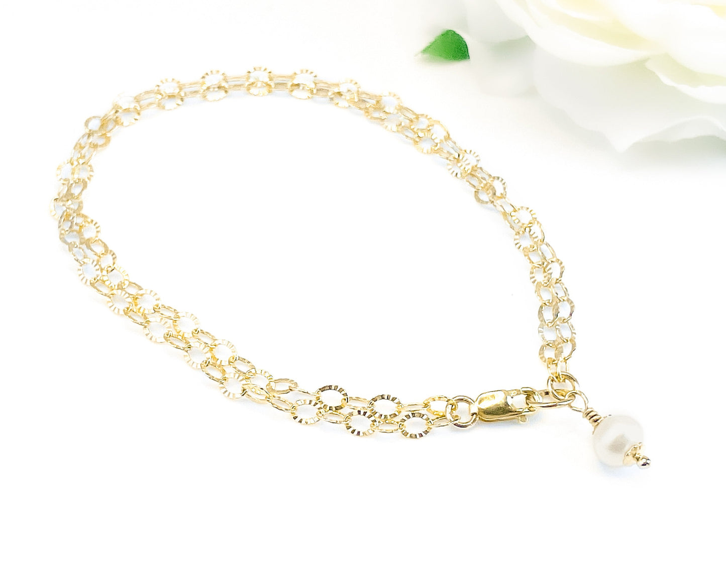 White Pearl Charm Double Chain Bracelet