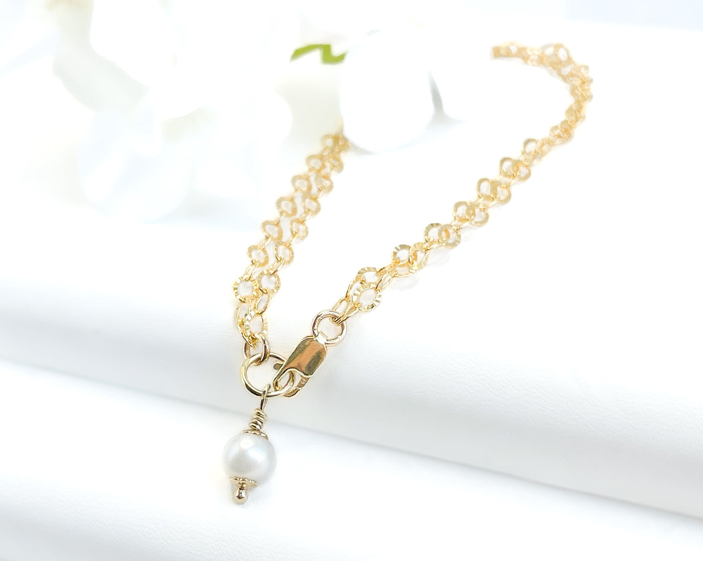 White Pearl Charm Double Chain Bracelet