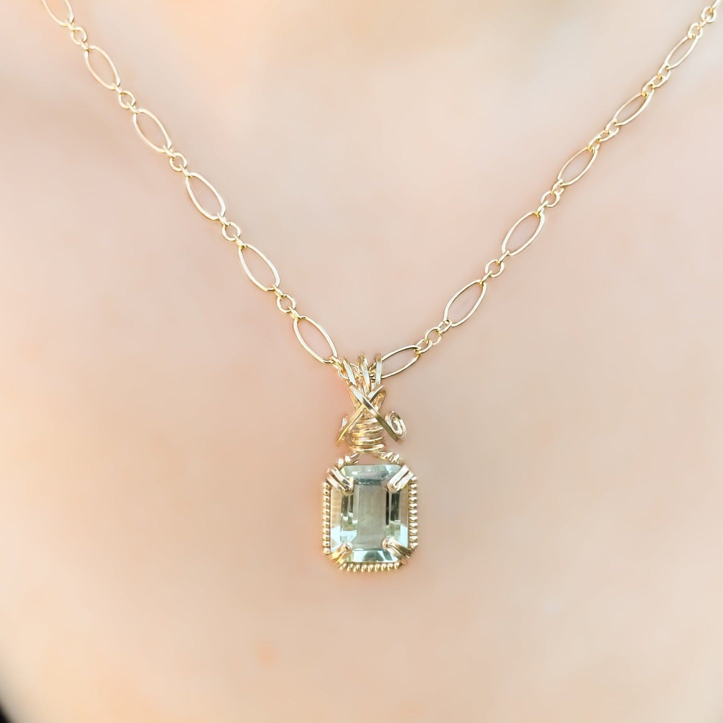 Green Amethyst Emerald Cut Pendant Necklace