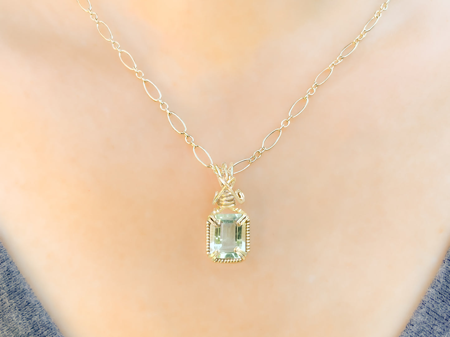 Green Amethyst Emerald Cut Pendant Necklace