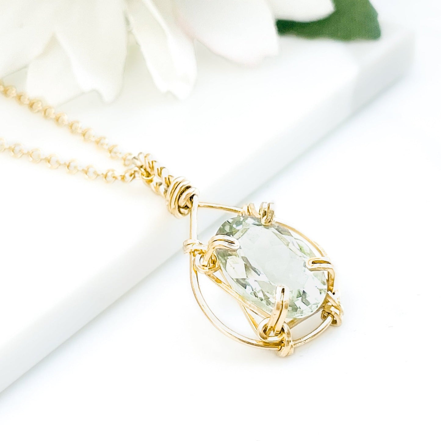 Green Amethyst Teardrop Pendant Necklace