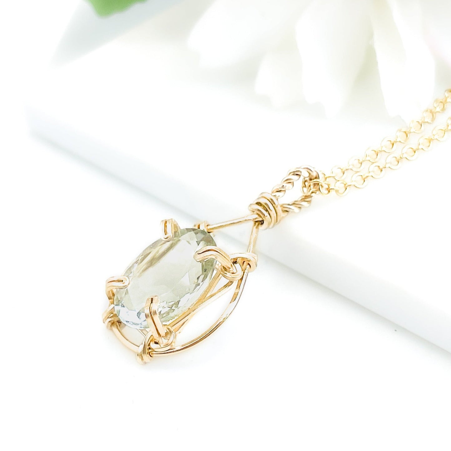 Green Amethyst Teardrop Pendant Necklace