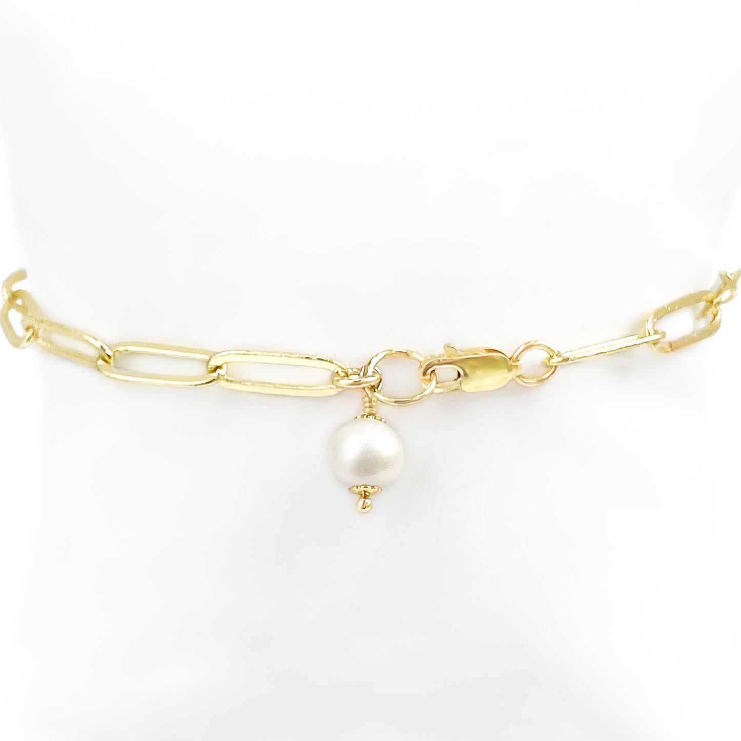 Gold Paperclip Chain with Pearl Charm Bracelet