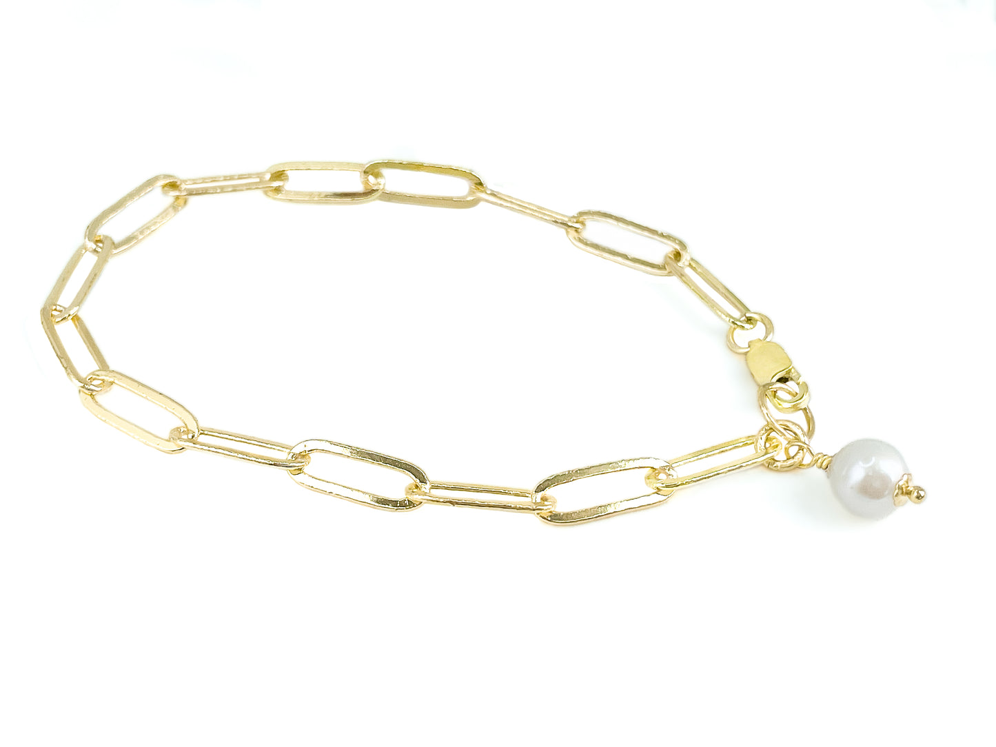 Gold Paperclip Chain with Pearl Charm Bracelet