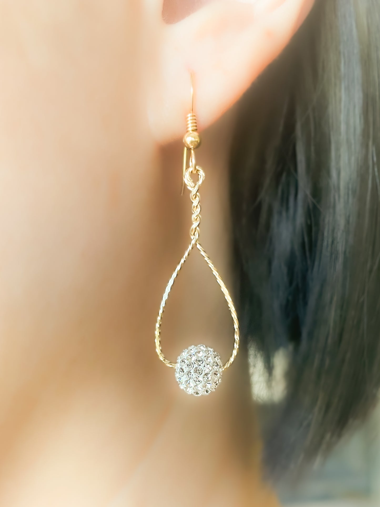 Gold Dangle Earrings with Pave Crystal Bead