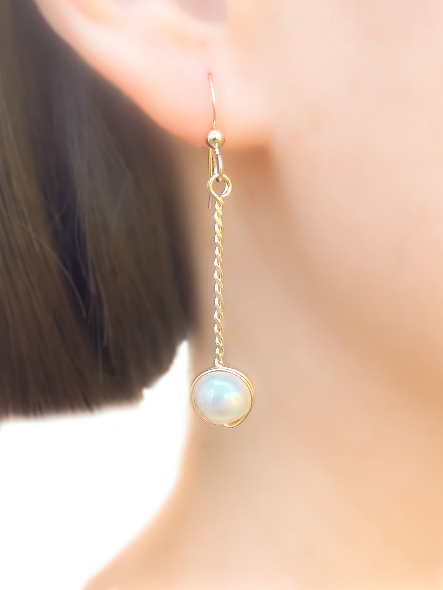 White Freshwater Pearl Long Twisted Earrings