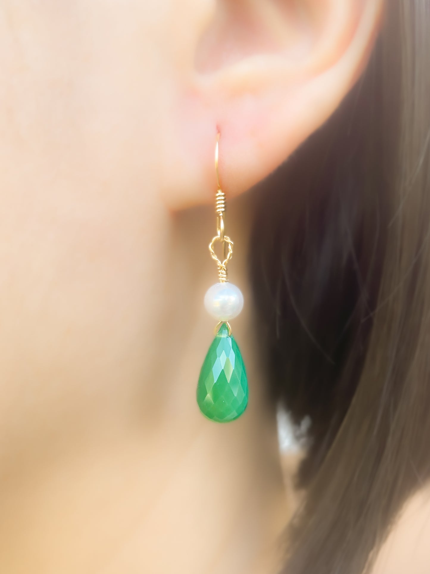 Green Onyx and Pearl Dangle Earrings