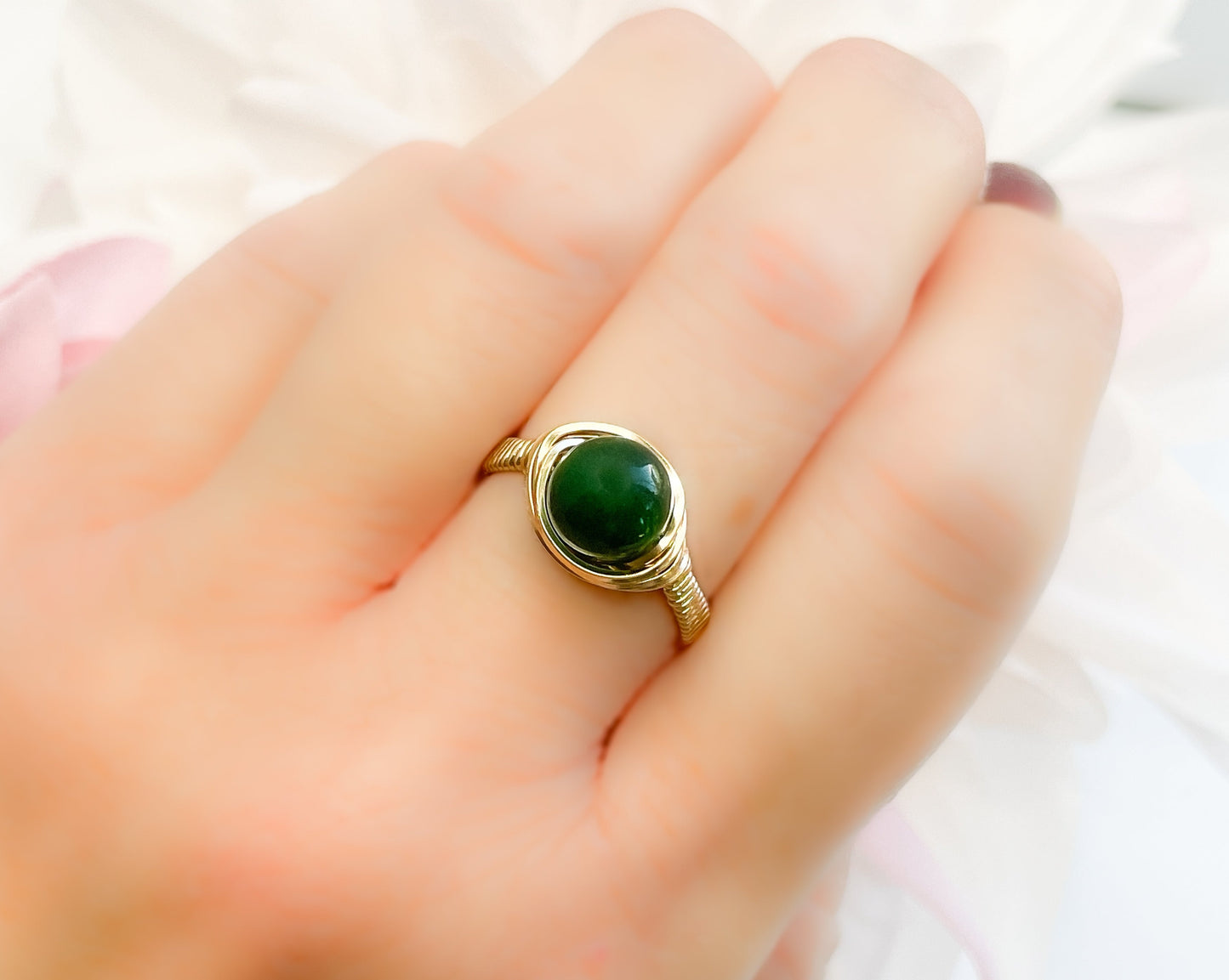 Jade Bead Wire Wrapped Gold Ring