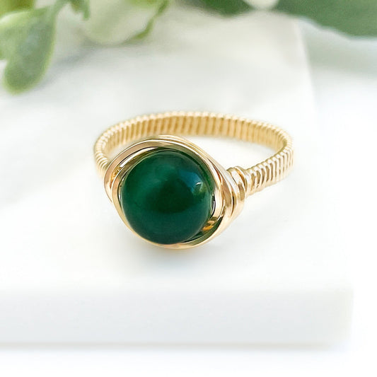 Jade Bead Wire Wrapped Gold Ring