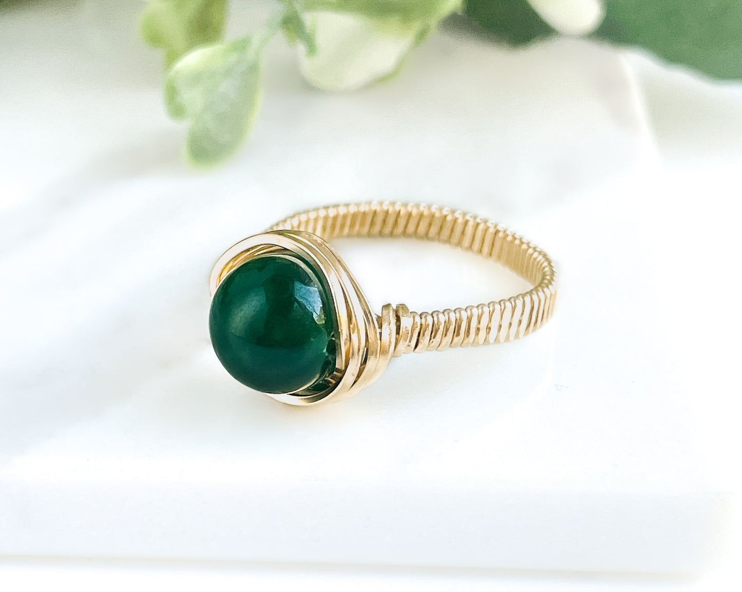 Jade Bead Wire Wrapped Gold Ring