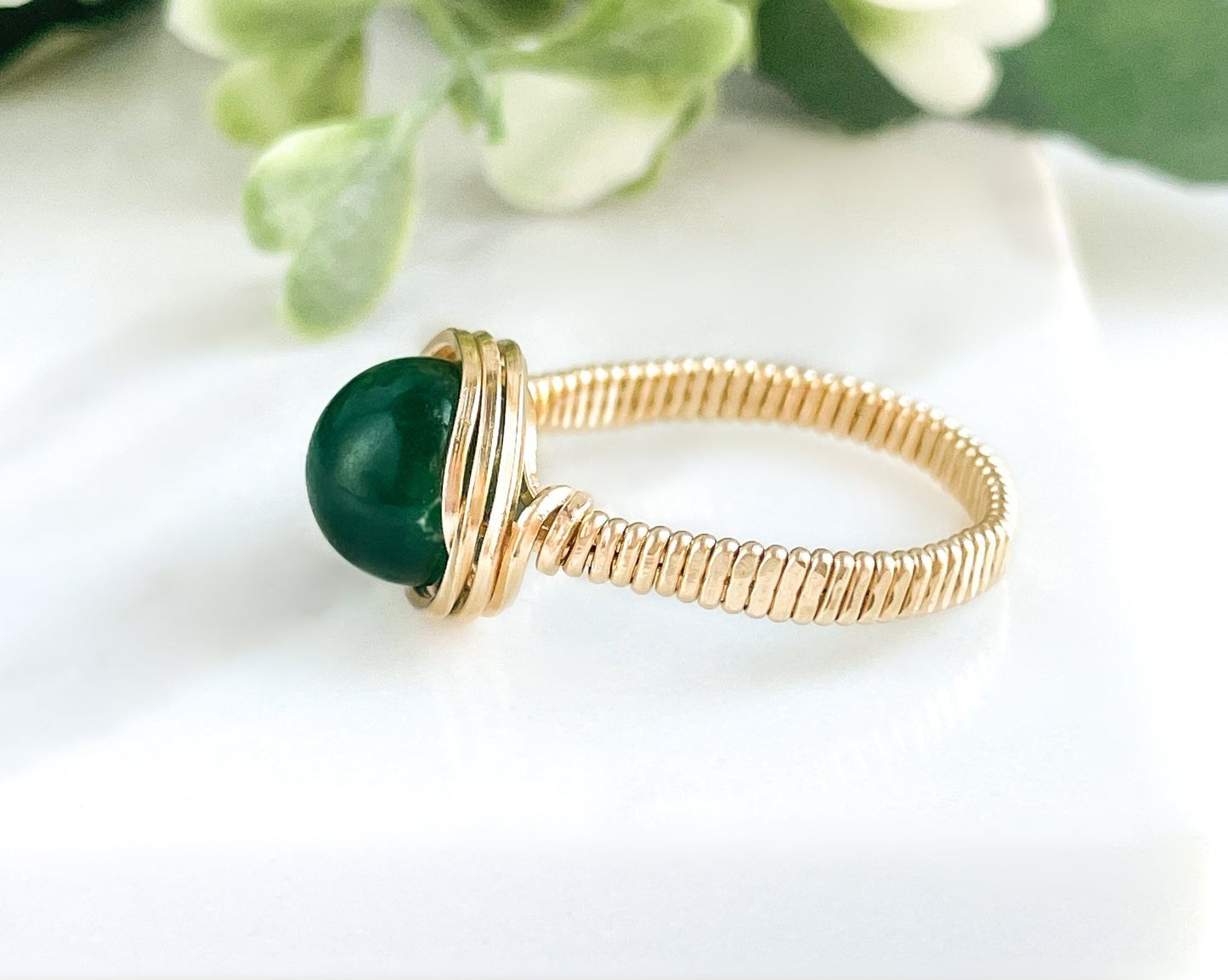 Jade Bead Wire Wrapped Gold Ring