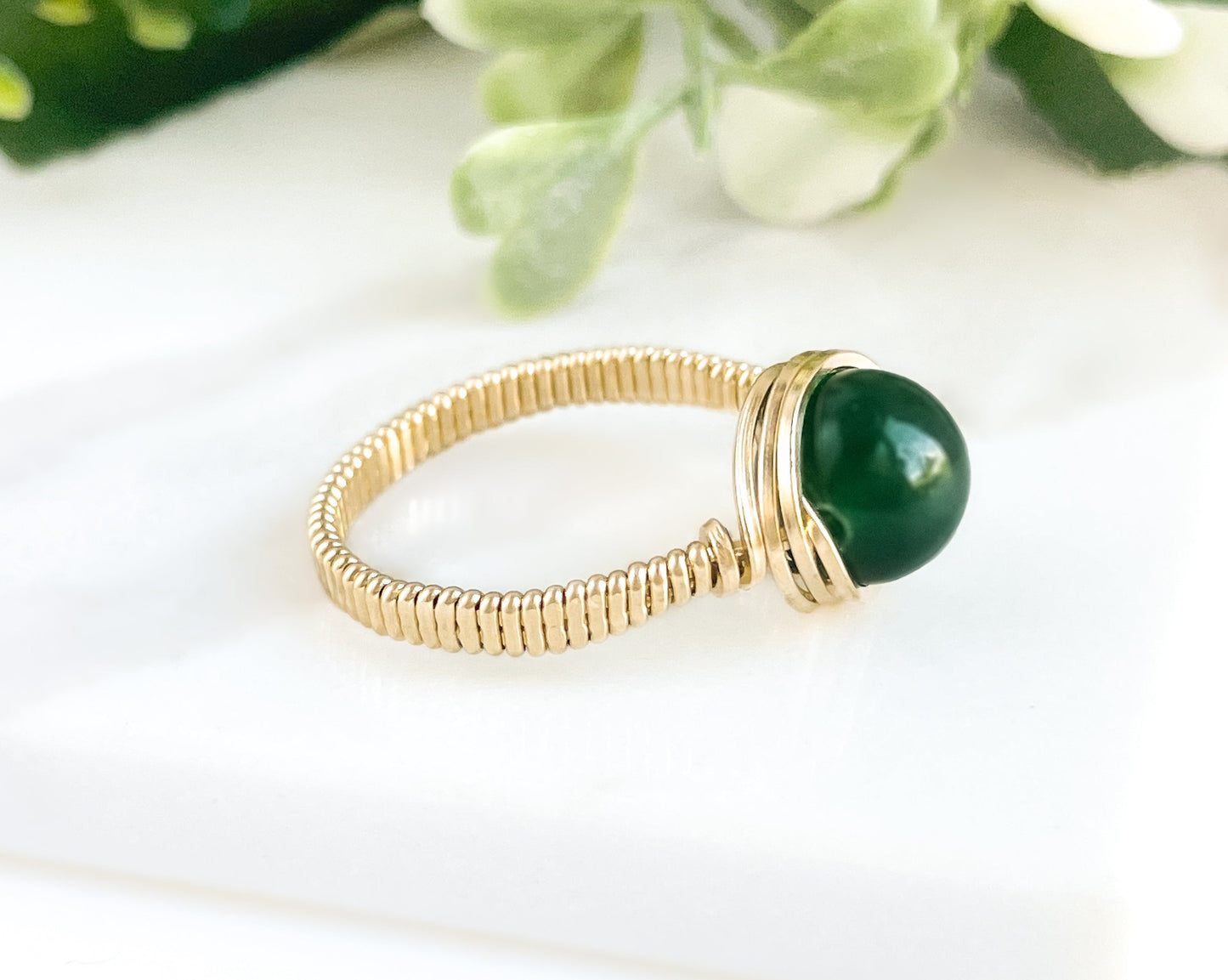 Jade Bead Wire Wrapped Gold Ring