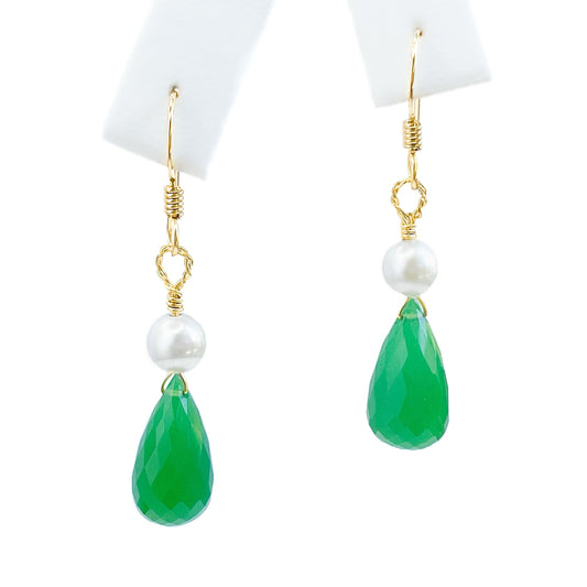 Green Onyx and Pearl Dangle Earrings