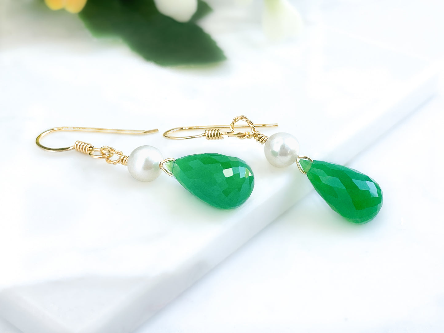 Green Onyx and Pearl Dangle Earrings