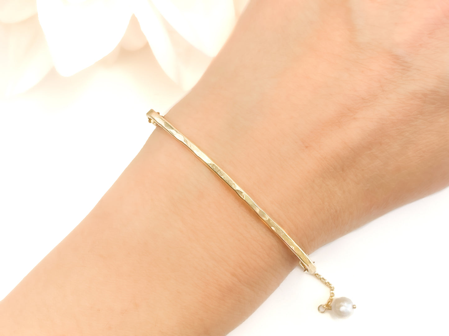 Gold Curved Bar Adjustable Bracelet with Pearl Charm