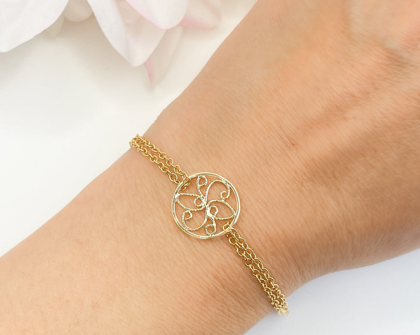 Gold Double Stranded Round Filigree Bracelet