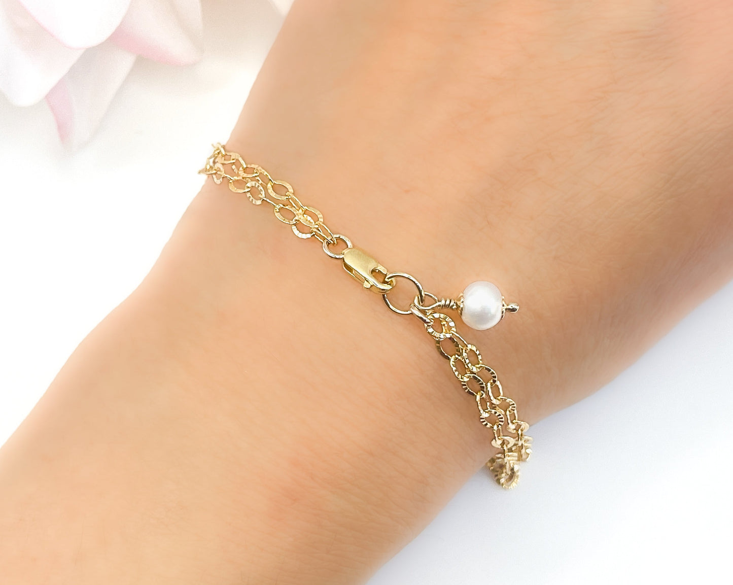 White Pearl Charm Double Chain Bracelet