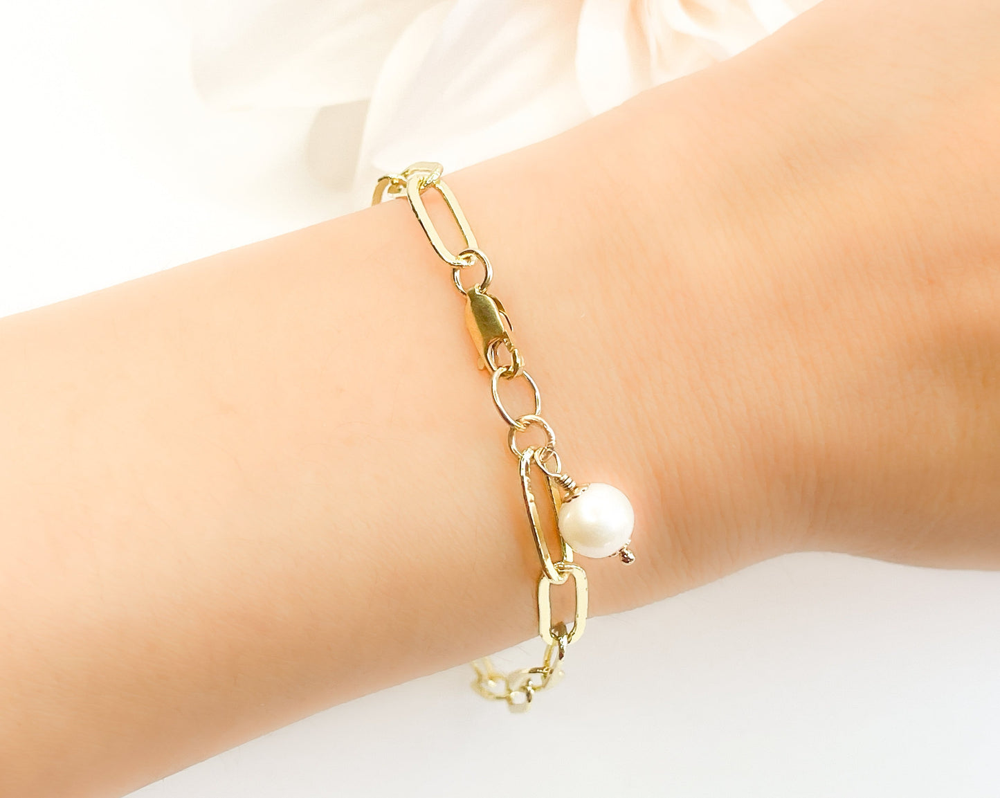 Gold Paperclip Chain with Pearl Charm Bracelet