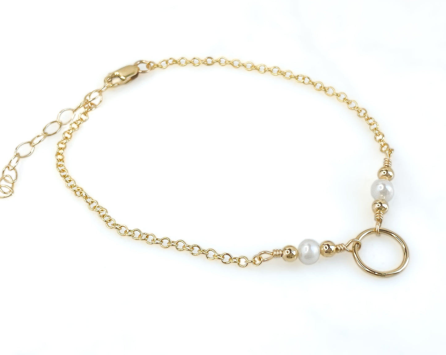 White Pearl and Gold Cluster Circle Adjustable Bracelet